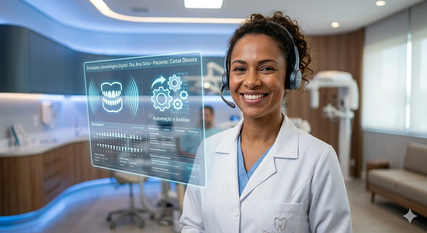 Dentista utilizando prontuário eletrônico inteligente com comando de voz em consultório moderno.